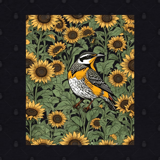 Western Meadowlark Bird Surrounded By Sunflowers by taiche